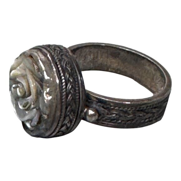 Vintage 925 Silver Rose Ring Carved Mother Of Pearl Cabochon Size 7 Art Deco - Picture 9 of 10